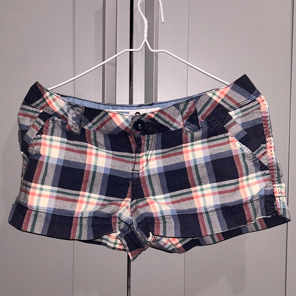 Y2K Women's High Waist Plaid Shorts - Navy, White & Pink